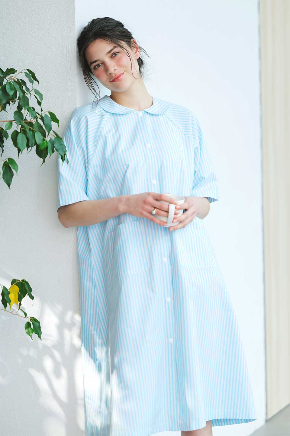 【P01】丸襟ストライプ院内着