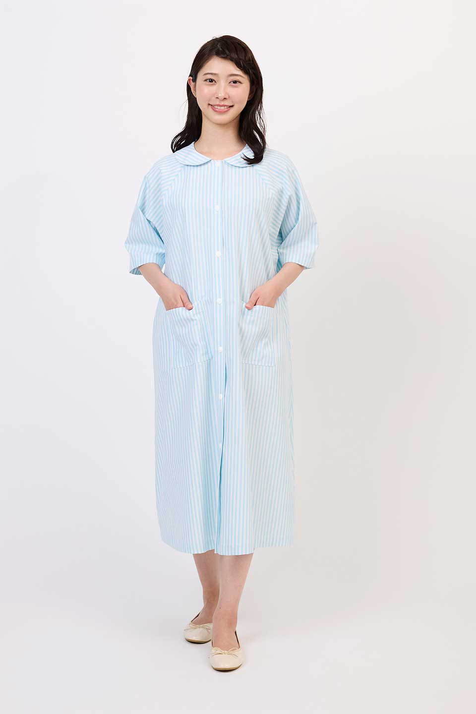 【P01】丸襟ストライプ院内着