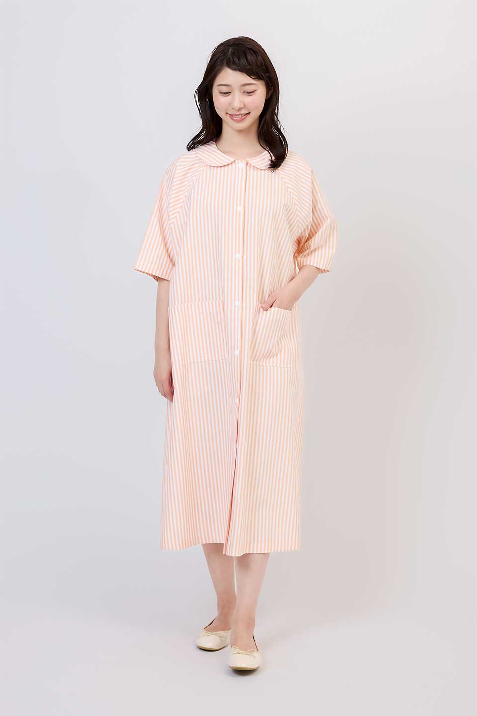 【P01】丸襟ストライプ院内着