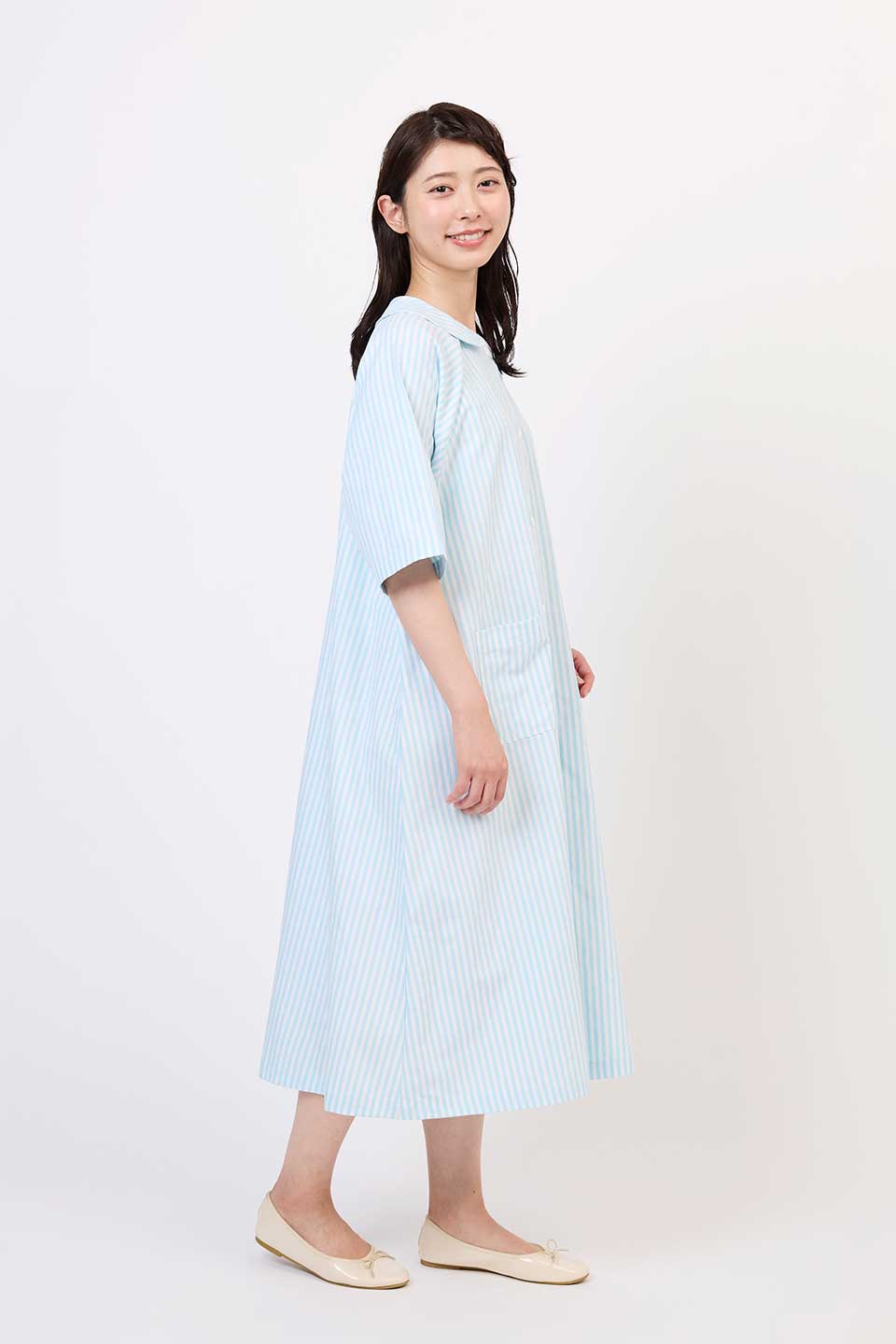 【P01】丸襟ストライプ院内着
